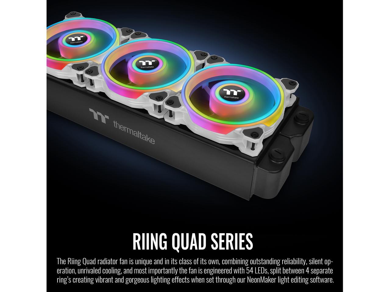 Thermaltake Riing Quad 120mm 16.8 Million RGB Color (Alexa, Razer Chroma) Software Enabled 4 Light Rings 54 Addressable LED 9 Blades Hydraulic Bearing White Case/Radiator Fan, Single Pack, CL-F100-PL12SW-C