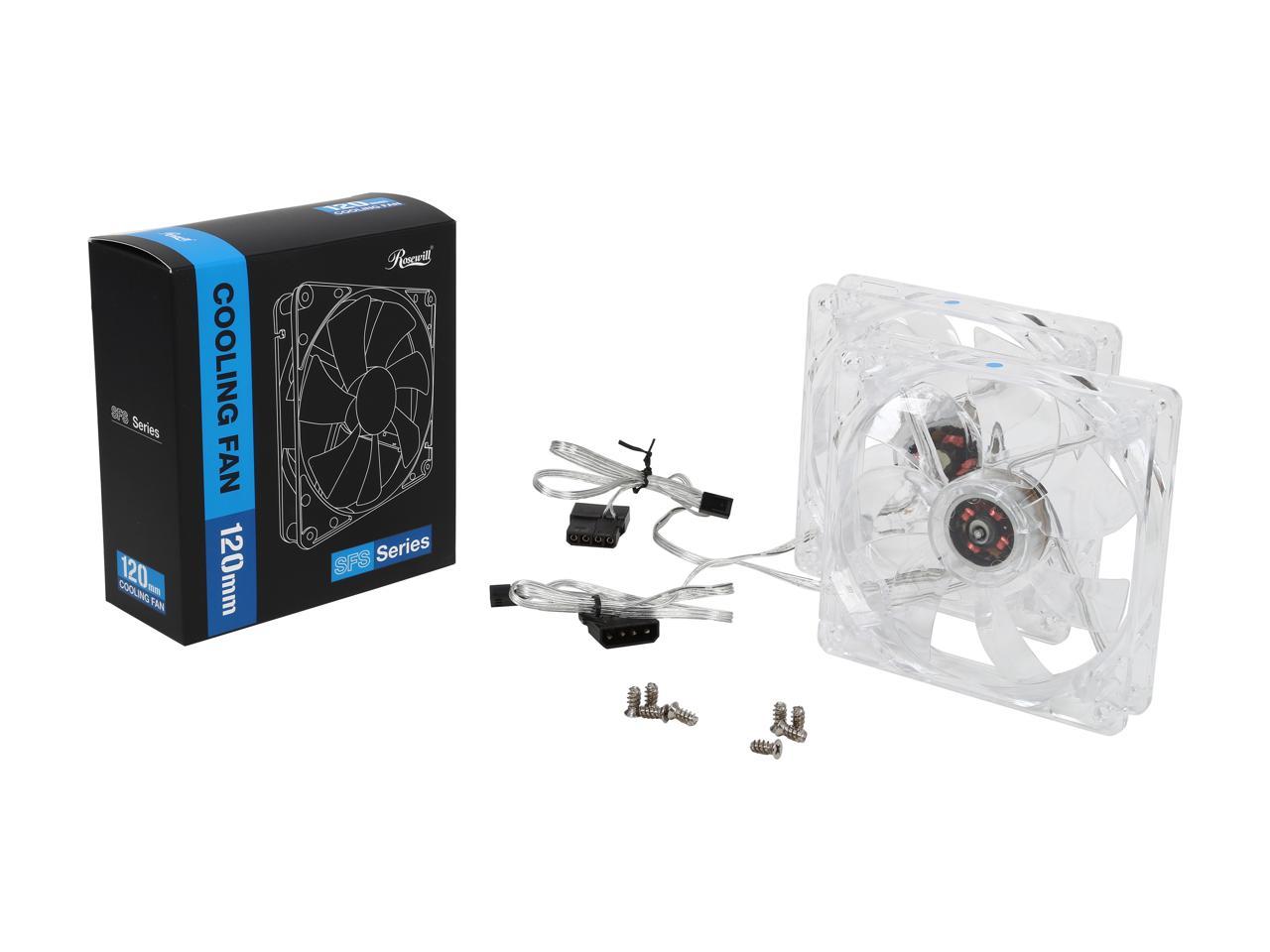 Rosewill ROCF-13002 - 120mm Computer Case Cooling Fan with LP4 Adapter - Transparent Frame & 4 Blue LED Lights, Sleeve Bearing, Silent (Pack of 2)