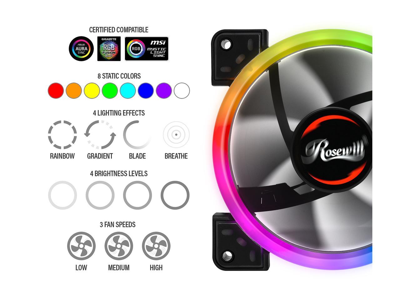 Rosewill RGBF-S12001 120mm Dual Ring Addressable RGB Case Fan Hub Set, True RGB LED Case Fans (3-Pack) and 8-Port Fan Hub, Ultra Quiet Cooling with Long Life Rifle Bearings