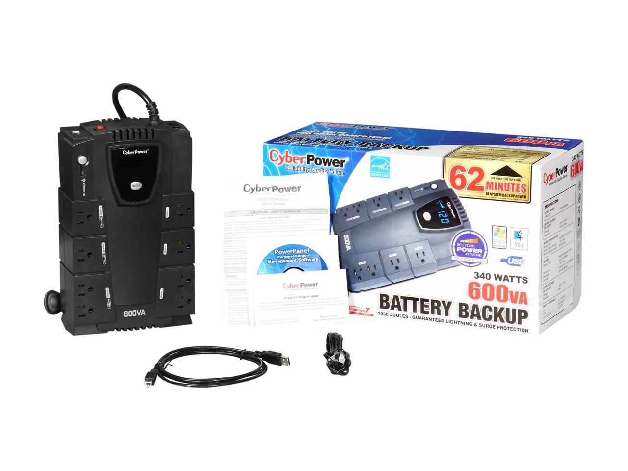 CyberPower Intelligent LCD Series CP600LCD 600VA 340W 4 x 5-15R Battery/Surge Protected 4 x 5-15R Surge Protected Outlets UPS