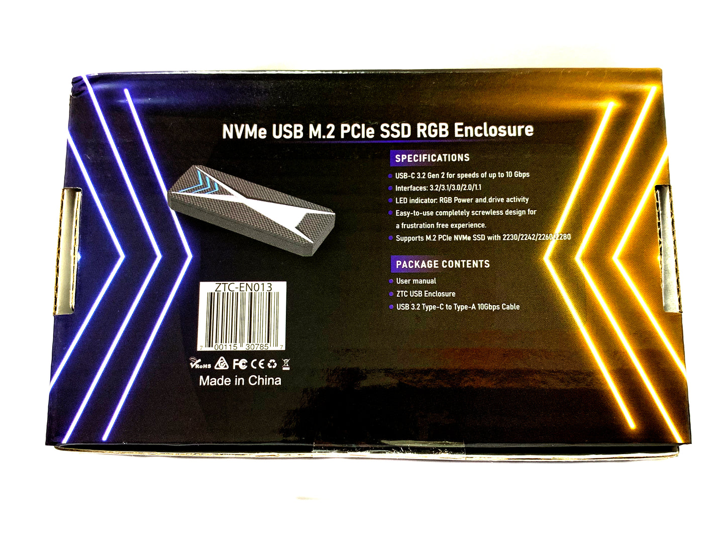 ZTC M.2 NVMe Tool-Free Portable Enclosure, RGB Lighting, Easy to use screwless design, USB-C 3.2 Gen 2 (10 Gbps) Supports M.2 PCIe NVMe SSD 2230/2242/2260/2280 Model ZTC-EN013