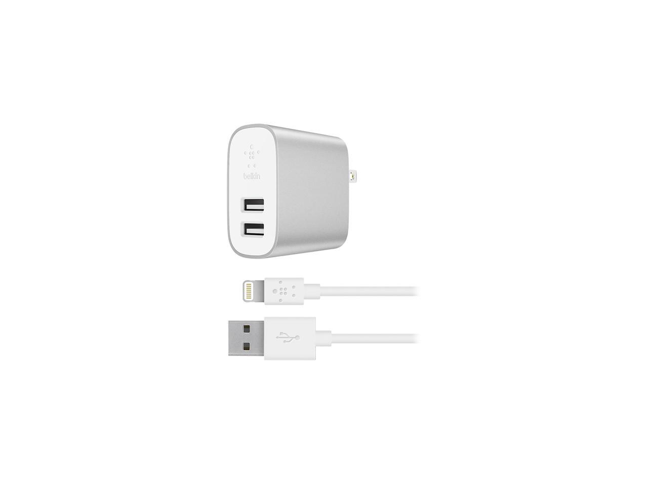 BELKIN F8J230DQ04-SLV BOOST CHARGE Silver 2-Port Home Charger + Lightning to USB-A Cable