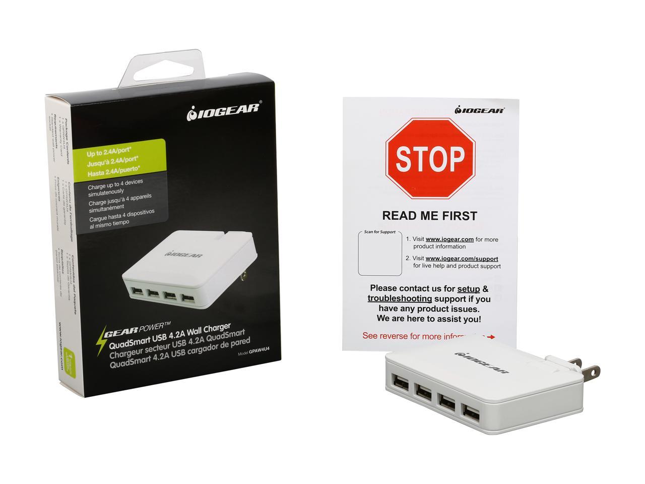 IOGEAR GearPower QuadSmart USB 4.2A Wall Charger - 120 V AC, 230 V AC Input Voltage - 5 V DC Output Voltage - 4.20 A Output Current