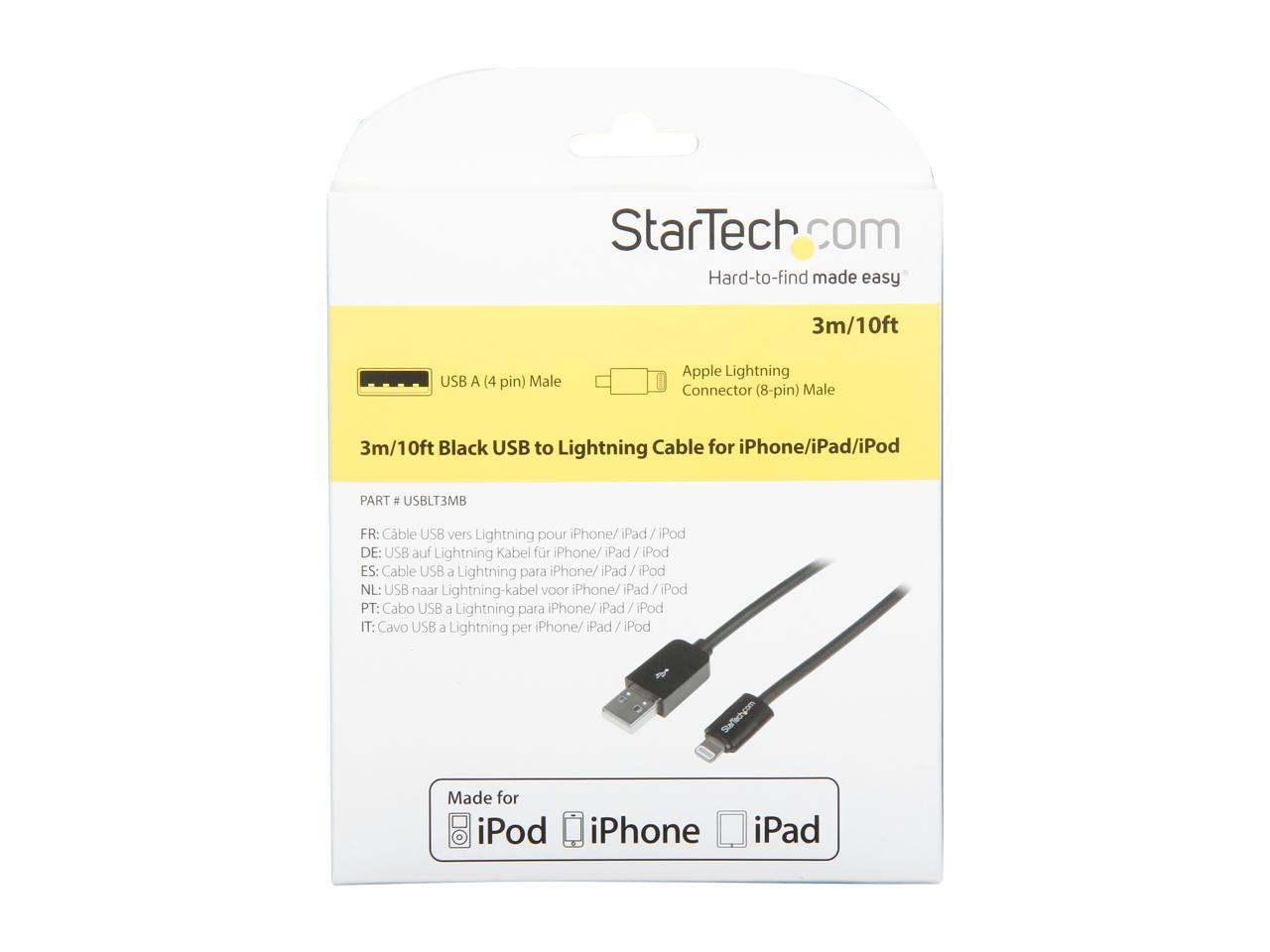 StarTech.com USBLT3MB Black 3m (10ft) Long Black Apple 8-pin Lightning Connector to USB Cable for iPhone / iPod / iPad