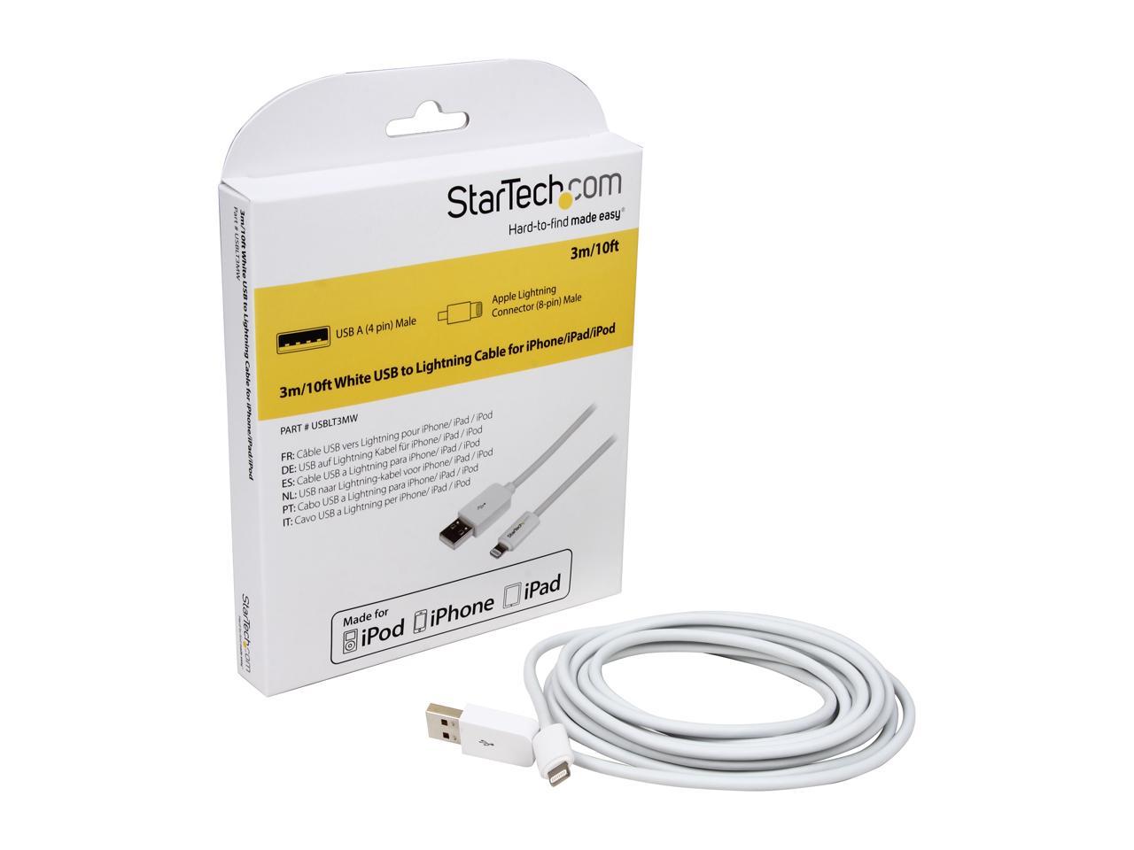 StarTech.com USBLT3MW 3m (10ft) Long White Apple® 8-pin Lightning Connector to USB Cable for iPhone / iPod / iPad - Charge and Sync Cable