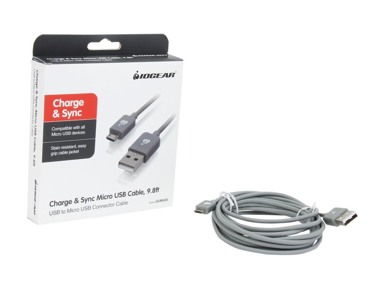 IOGEAR GUMU03 Gray USB Type A to Micro USB Type B Charge & Sync Cable 9.8ft
