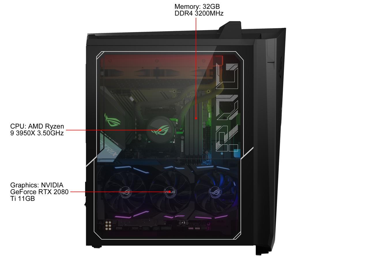 ASUS Gaming Desktop ROG Strix GA35DX-XS99X Ryzen 9 3rd Gen 3950X (3.50 GHz) 32 GB DDR4 2 TB HDD 1 TB SSD NVIDIA GeForce RTX 2080 Ti Windows 10 Pro 64-bit