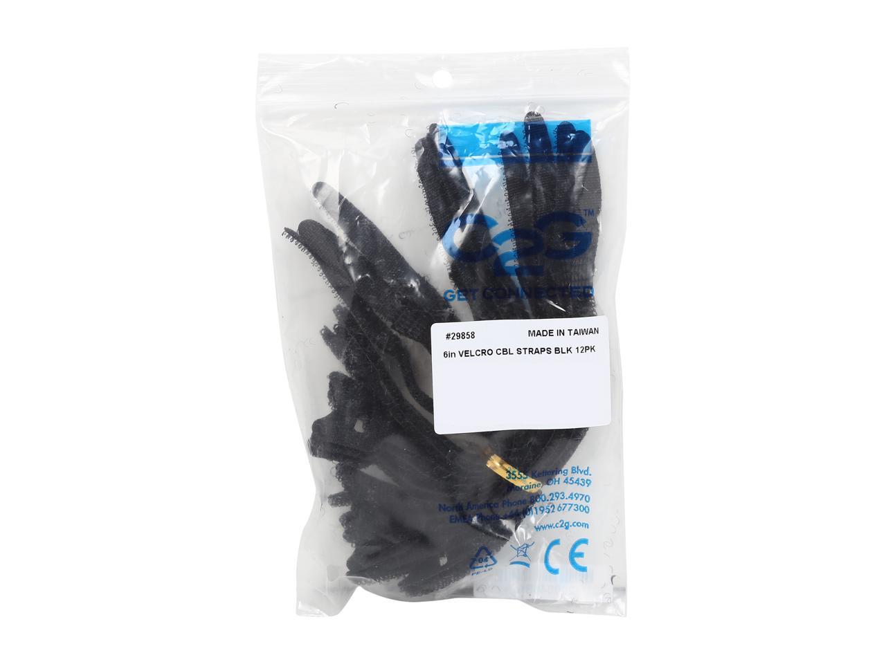 C2G/Cables To Go 29858 6in Hook and Loop Cable Management Wraps Multipack (12 pack) - Black