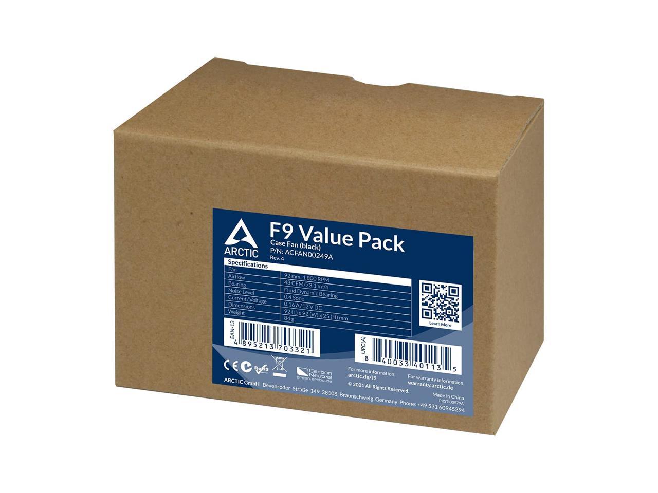 ARCTIC 92 mm F9 Value Pack Standard Case Fan Quiet Motor Computer Push- or Pull Configuration Black Model ACFAN00249A
