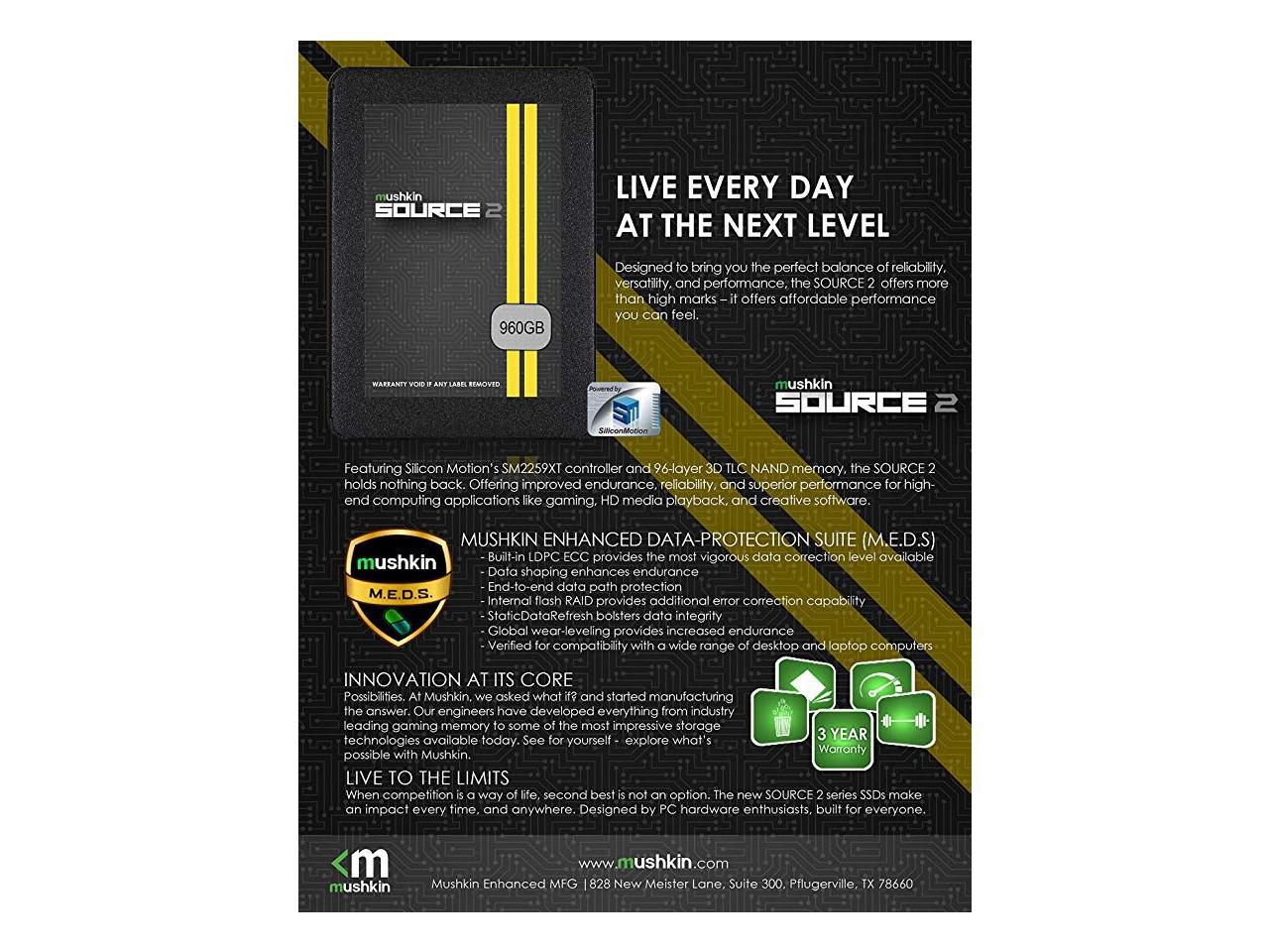 Mushkin Source-II 960GB 2.5 Inch SATA III 6Gb/s 3D Vertical TLC 7mm Internal Solid State Drive (SSD) Model MKNSSDS2960GB