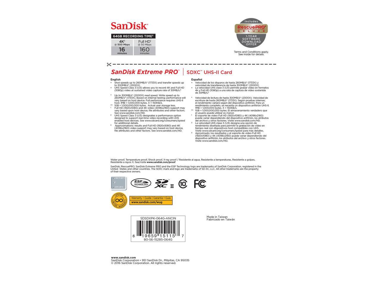 SanDisk - SDSDXPK-064G-ANCIN - SanDisk Extreme Pro 64 GB Class 10/UHS-II (U3) SDXC - 300 MB/s Read - 260 MB/s Write -