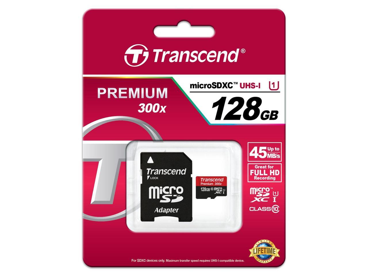128GB Transcend Premium microSDXC CL10 UHS-1 Mobile Phone Memory Card with SD Adapter