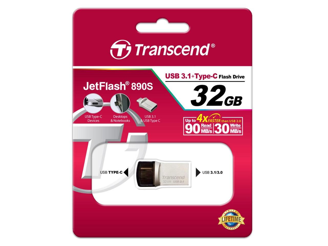 Transcend 32GB JetFlash 890 USB 3.1 On-The-Go Flash Drive - 32 GB - USB 3.1, USB - 256-bit AES