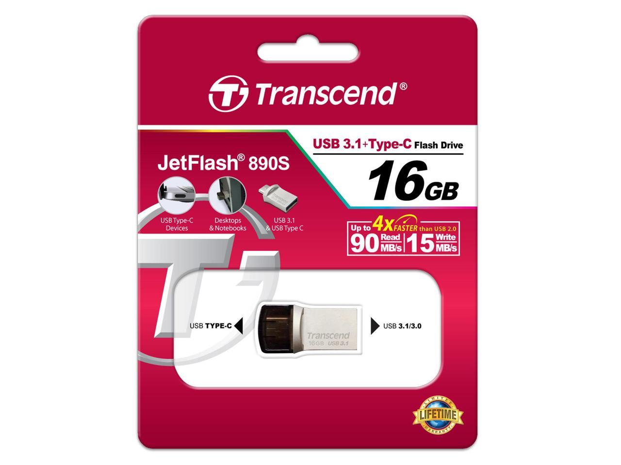 16GB Transcend JetFlash 890S OTG Flash Drive with USB3.1 and USB Type-C Connectors
