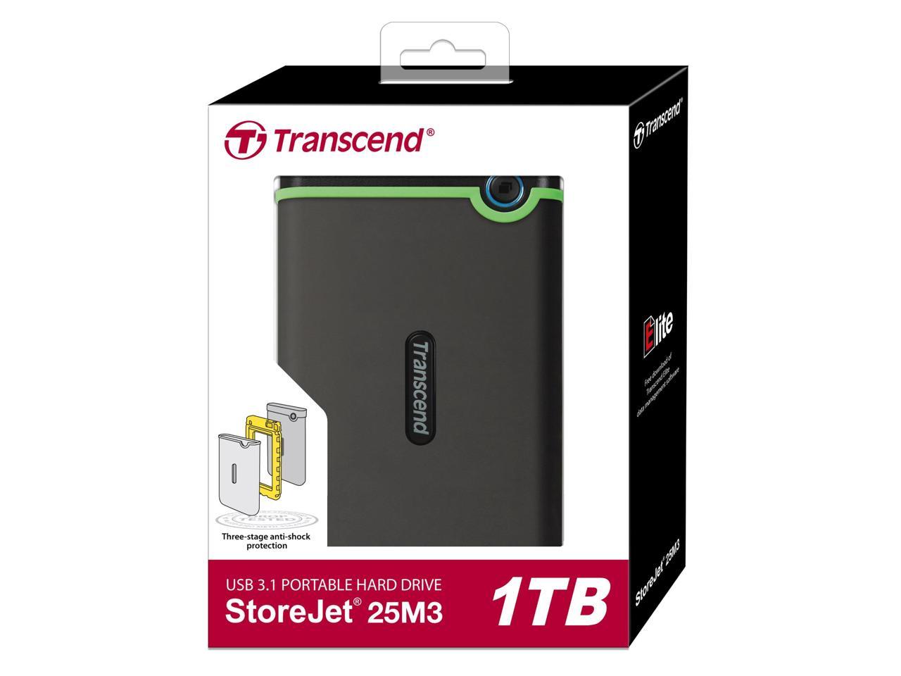 1TB Transcend StoreJet 25M3 USB3.1 Slim Portable Hard Drive Shock-Resistant