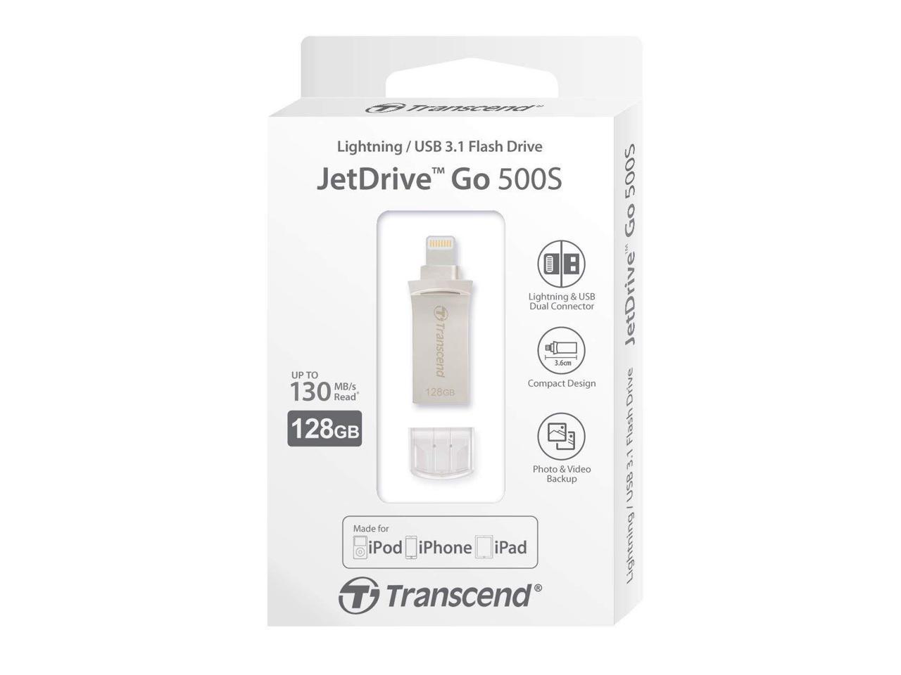 Transcend TS128GJDG500S 128Gb Jetdrive Go 500 Lightning/USB 3.1 Flash Drive, Silver Plating