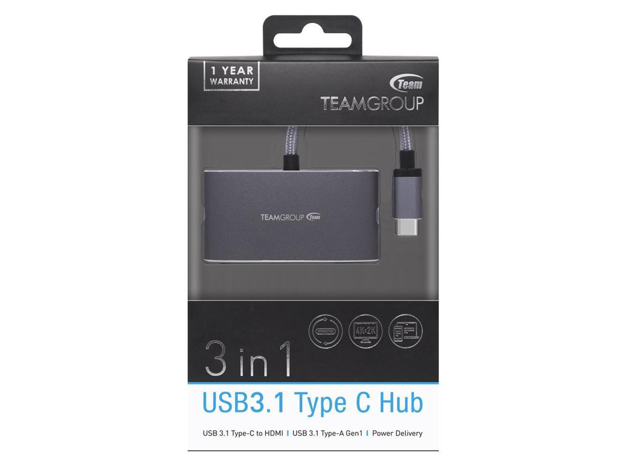 TEAMGROUP 3 in 1 hub for USB Type C power delivery (WT01), 4K HDMI, USB 3.1 Gen1 Adaptor for MacBook - Gray