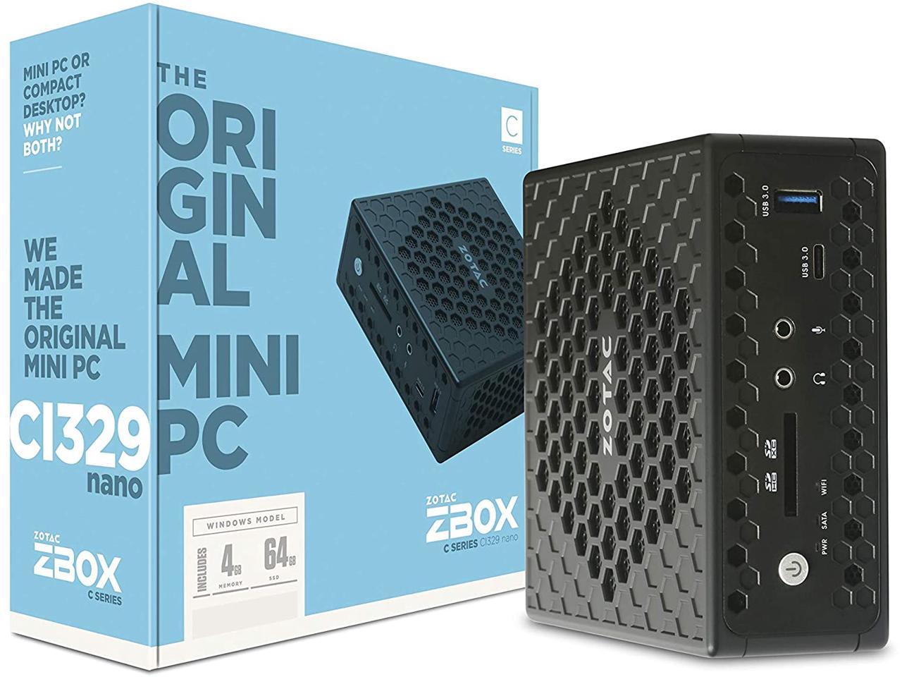 ZOTAC ZBOX Ci329 Nano Silent Mini PC Intel N4100 Quad-Core, Intel UHD 600 Graphics, HDMI, VGA, DisplayPort, 4GB DDR4/64GB SSD/Windows 10 Pro System, ZBOX-CI329NANO-U-W2C, Intel Celeron N4100