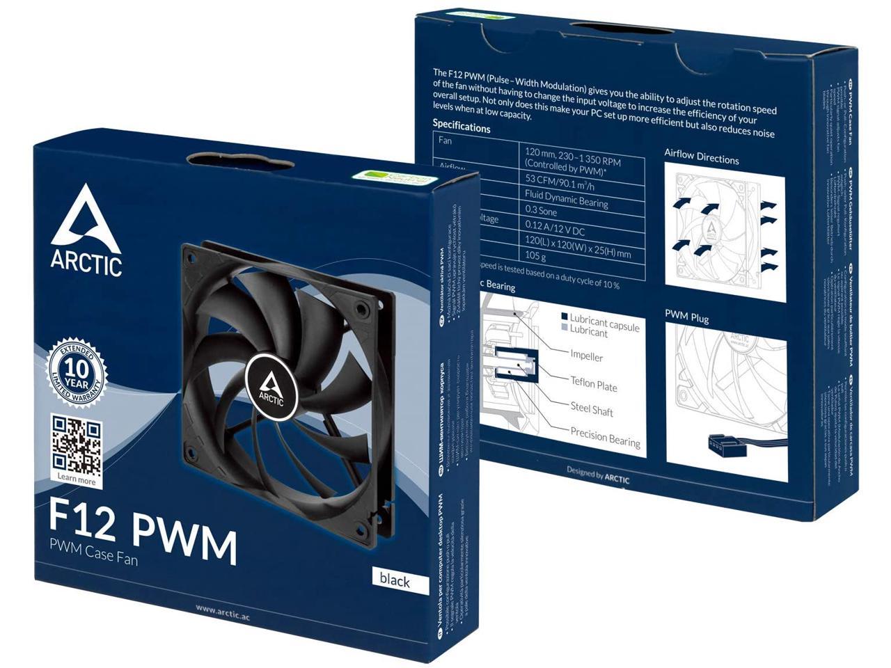 ARCTIC F12 PWM - 120 mm PWM Case Fan, PWM-Signal regulates Fan Speed, Very Quiet Motor, Computer, Fan Speed: 230-1350 RPM - Black