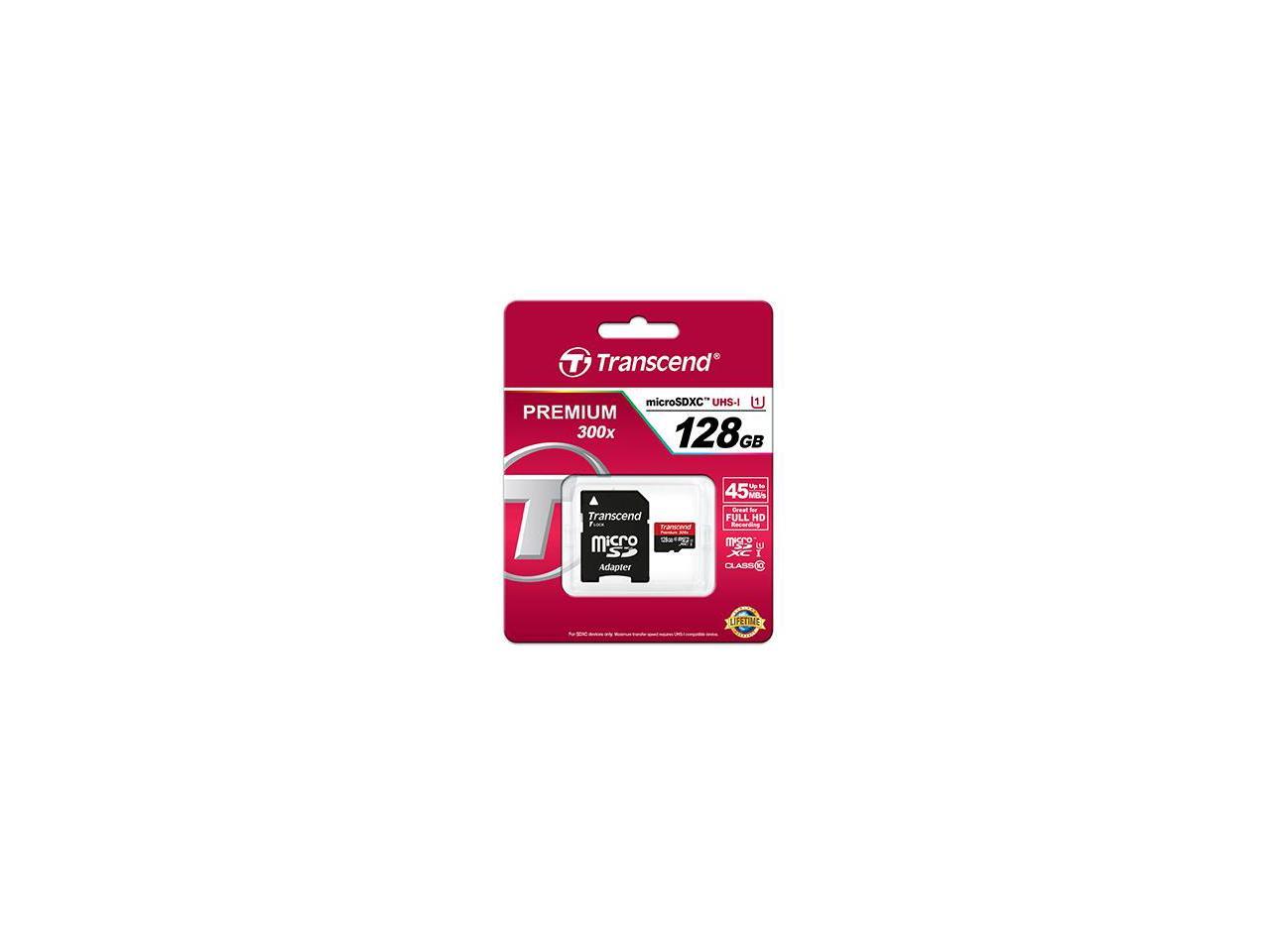 128GB Transcend Premium microSDXC CL10 UHS-1 Mobile Phone Memory Card with SD Adapter