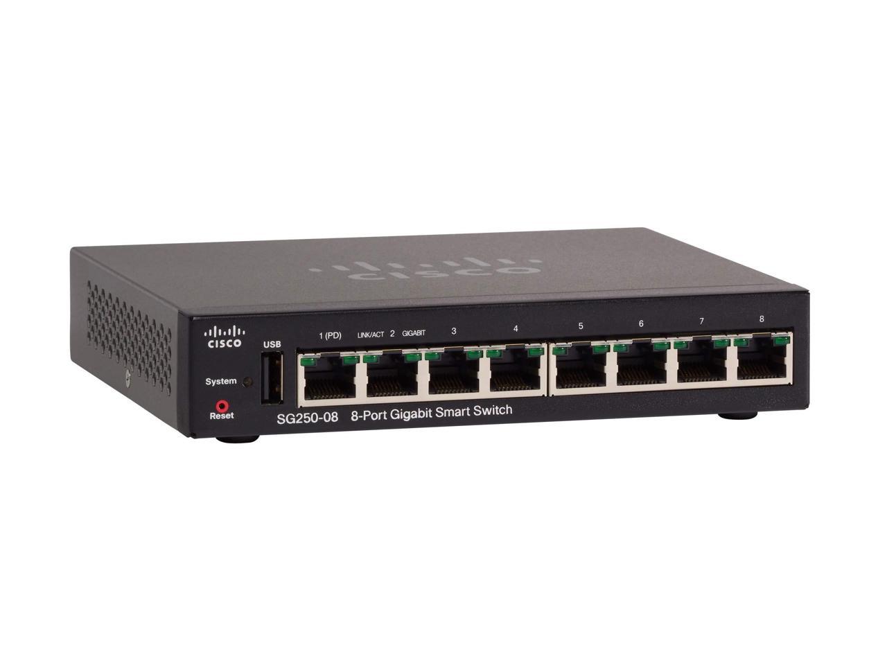 CISCO 250 Series SG250-08-K9-UK Managed 8 Ports Switch - Smart - Rack-Mountable