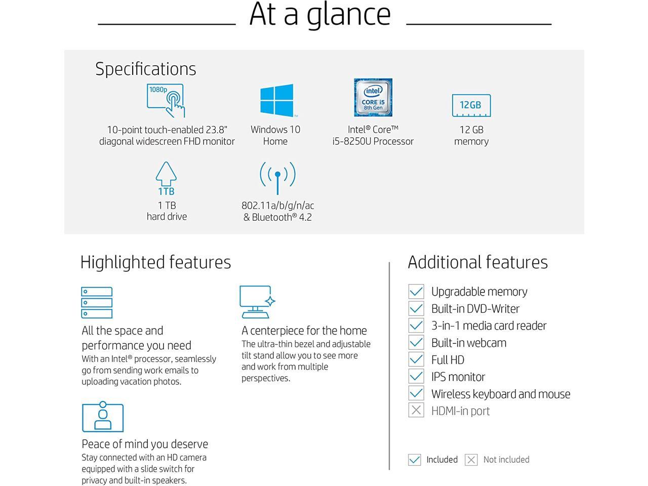 HP 24-f0000 24-f0060 All-in-One Computer - Intel Core i5 (8th Gen) i5-8250U 1.60 GHz - 12 GB DDR4 SDRAM - 1 TB HDD - 23.8" 1920 x 1080 Touchscreen Display - Windows 10 Home 64-bit - Desktop - DVD