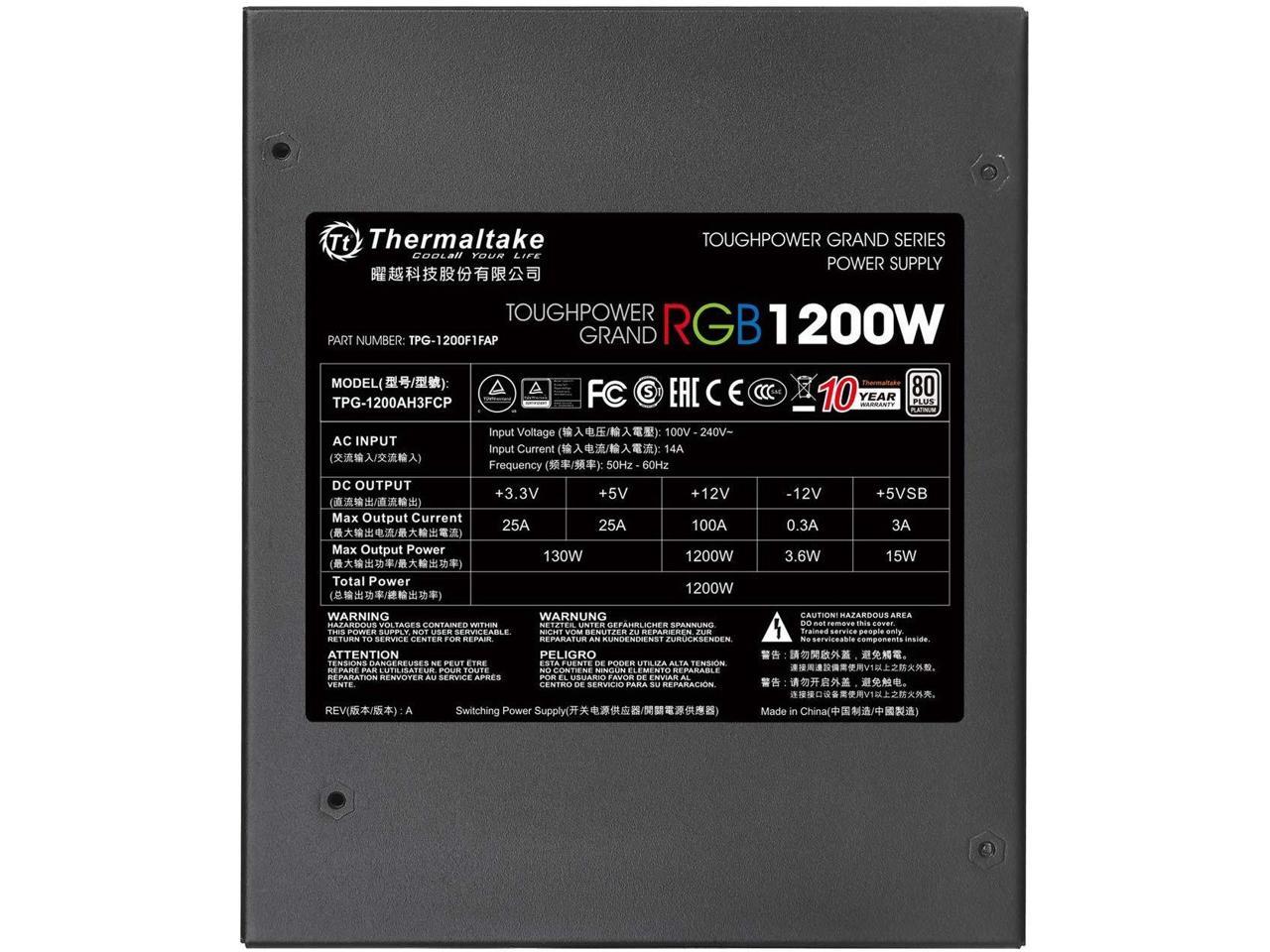 Thermaltake Toughpower Grand RGB 1200W 80+ Platinum Smart Zero RGB Fan, SLI/CrossFire Ready Continuous Power, Full Modular ATX 12V 2.4/EPS 12V 2.92 Power Supply 10 Year Warranty PS-TPG-1200F1FAPU-1