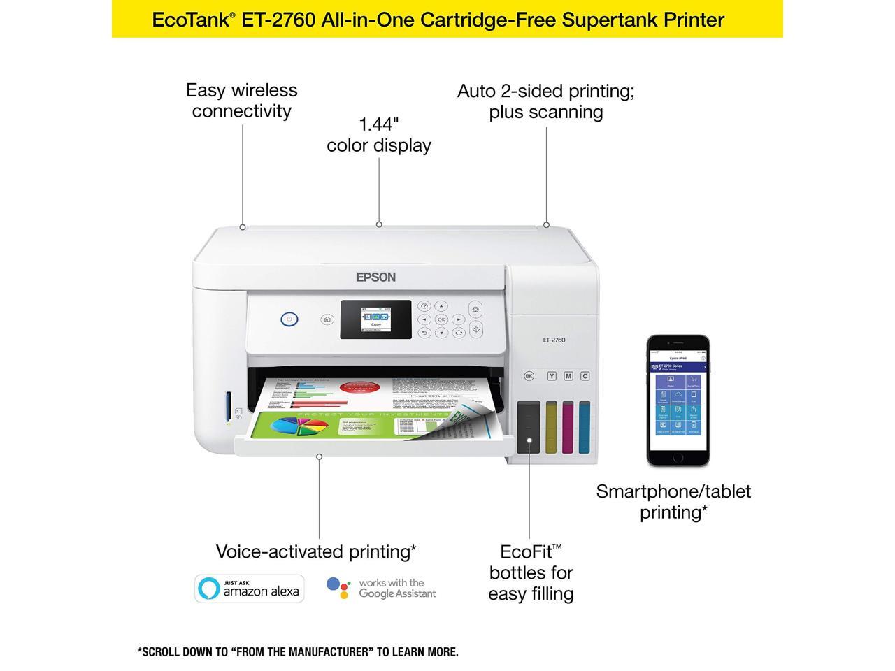 Epson EcoTank ET-2760 Wireless Color All-in-One Cartridge-Free Supertank Printer with Scanner and Copier