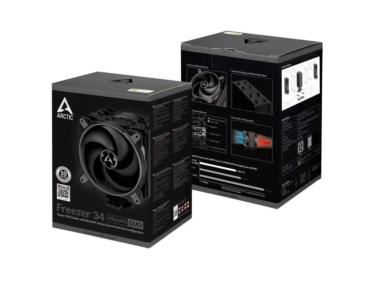 ARCTIC Freezer 34 Esports Duo - Tower CPU Cooler with BioniX P-Series case Fan in Push-Pull, 120 mm PWM Fan, for Intel and AMD Socket, for CPUs up to 210 Watt TDP - Grey