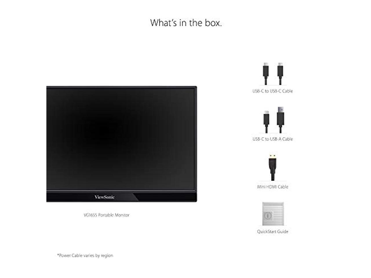 ViewSonic 15.6 Inch 1080p Portable Monitor with 2 Way Powered 60W USB C, IPS, Eye Care, Dual Speakers, Frameless Design, Built in Stand with Cover (VG1655) (VG1655)