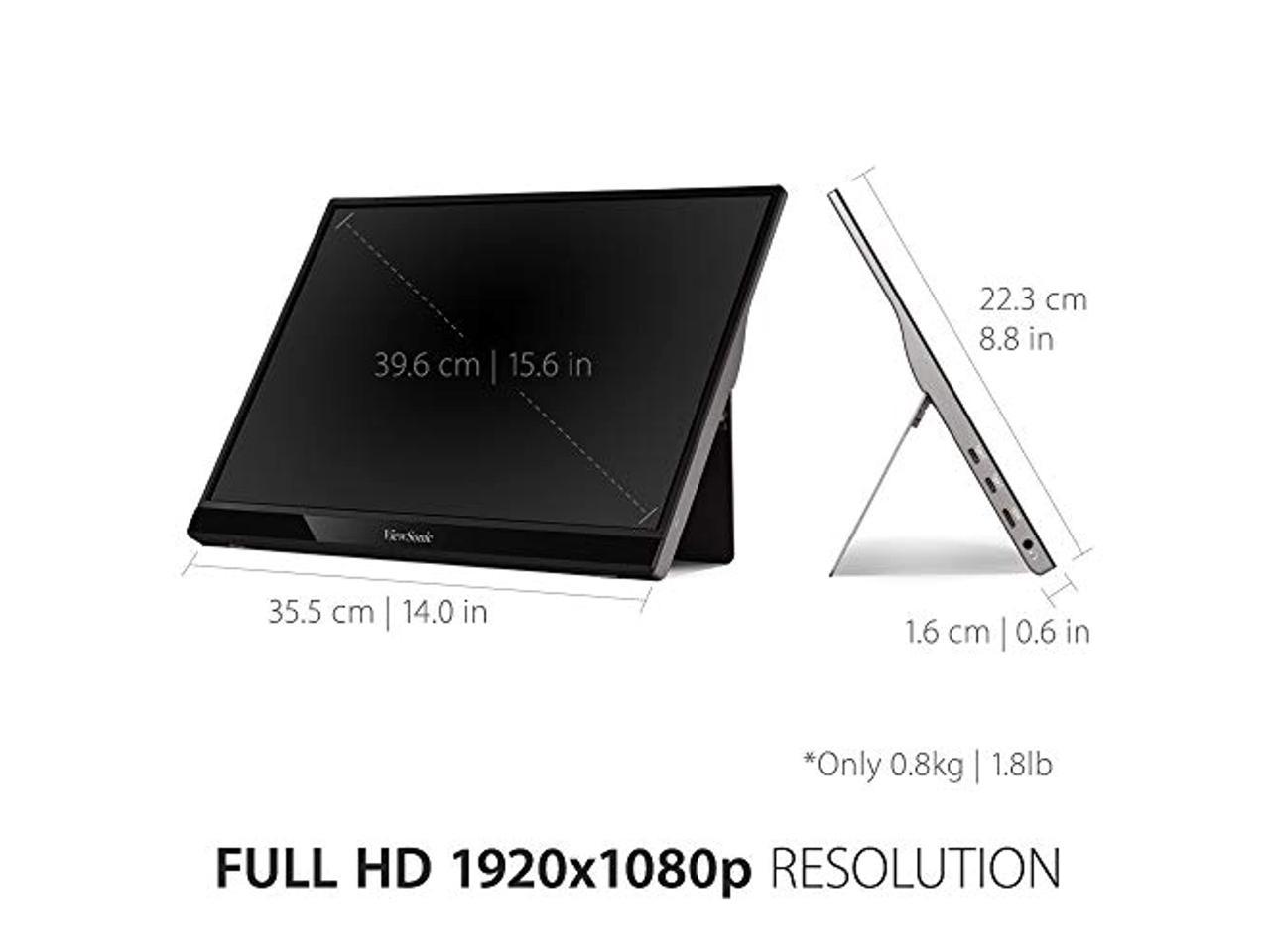 ViewSonic 15.6 Inch 1080p Portable Monitor with 2 Way Powered 60W USB C, IPS, Eye Care, Dual Speakers, Frameless Design, Built in Stand with Cover (VG1655) (VG1655)