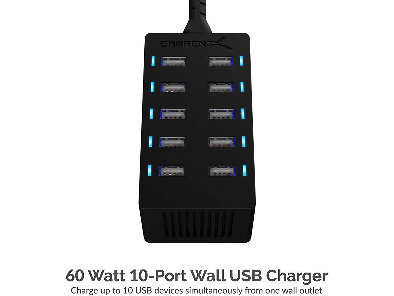 Sabrent 60 Watt (12 Amp) 10 Port Desktop Smart USB Rapid Charger (AX-TPCS)