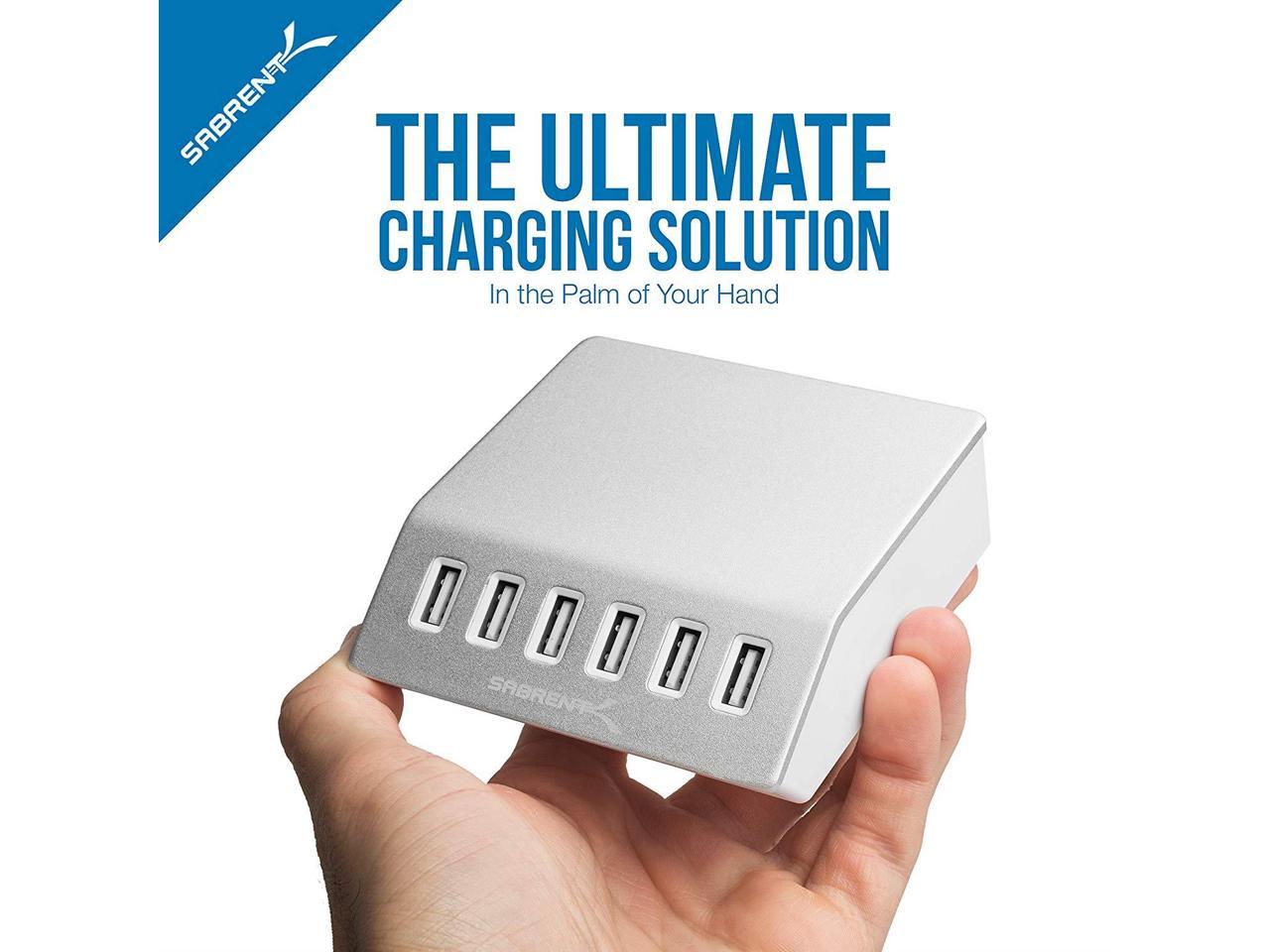 Sabrent Premium 60 Watt (12 Amp) 6-Port Aluminum Desktop USB Rapid Charger, Silver (AX-FLCH)