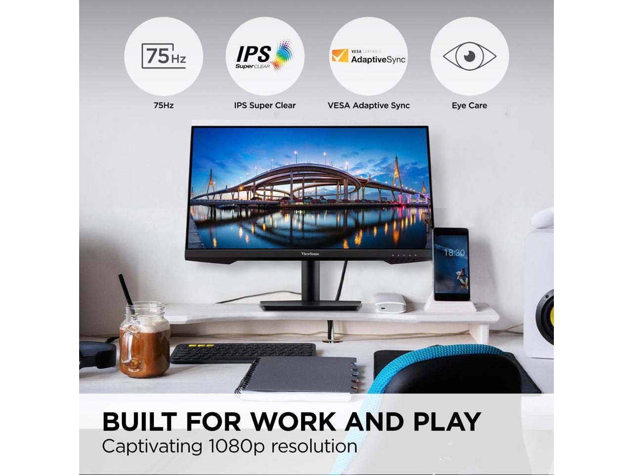 ViewSonic VA2409M 24 Inch Monitor 1080p IPS Panel with Adaptive Sync, Thin Bezels, HDMI, VGA, and Eye Care
