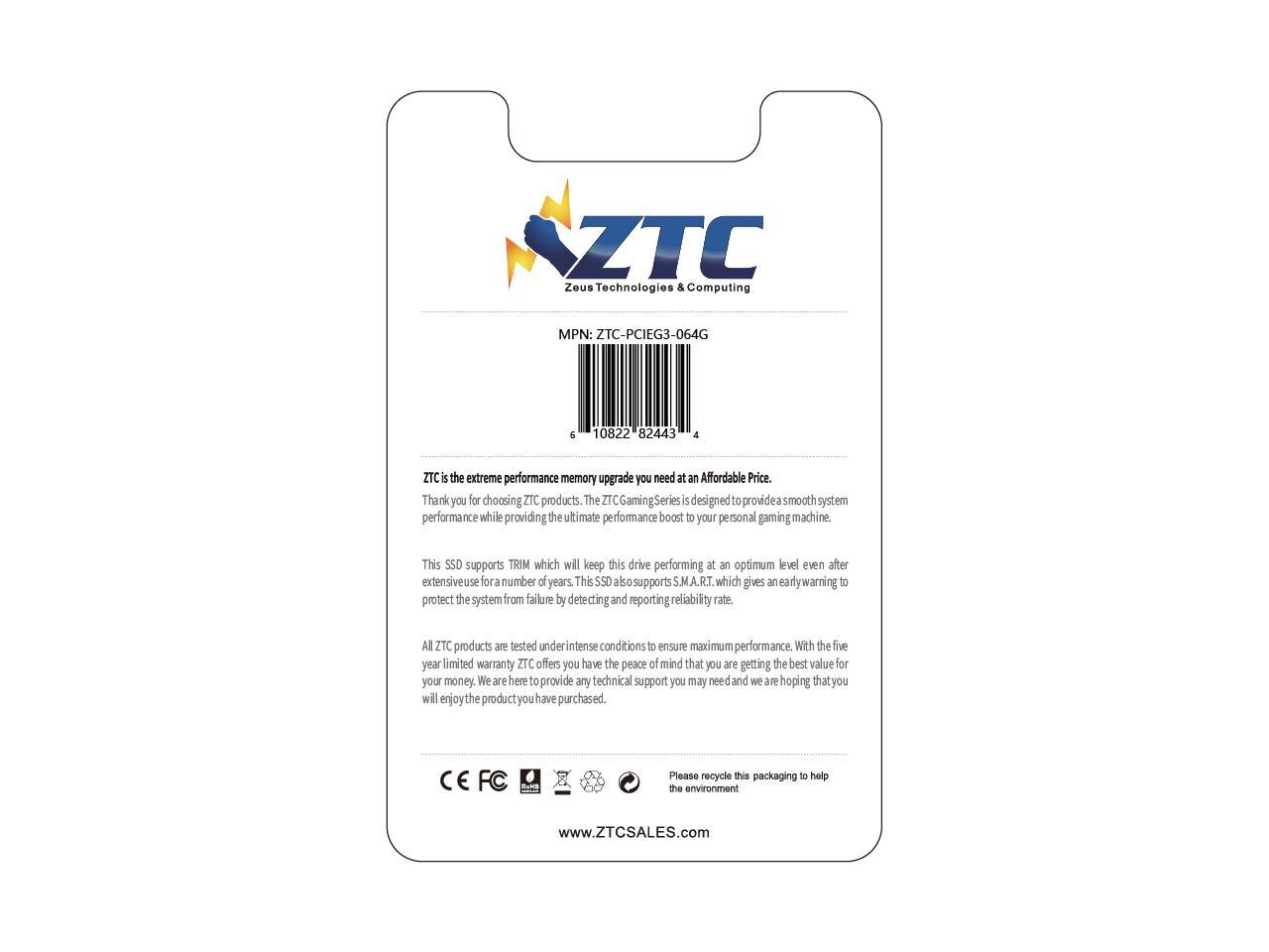 ZTC 64GB M.2 NVMe PCIe 80mm SSD Astounding Performance and High-Endurance Great Upgrade for Gaming Model ZTC-PCIEG3-064G