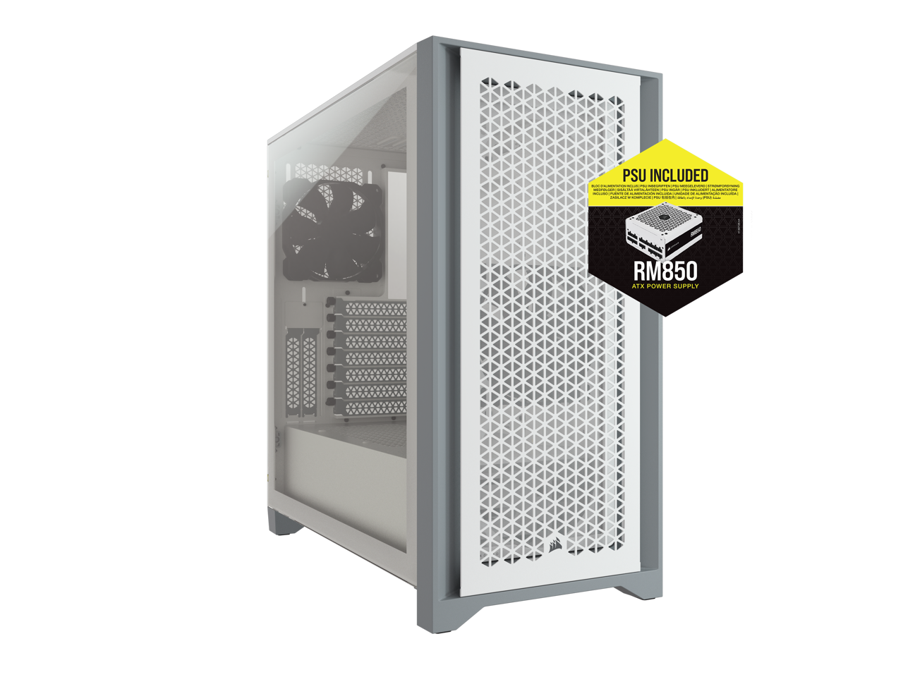 CORSAIR 4000D AIRFLOW Tempered Glass Mid-Tower Case with ATX - RM850 Power Supply installed, White