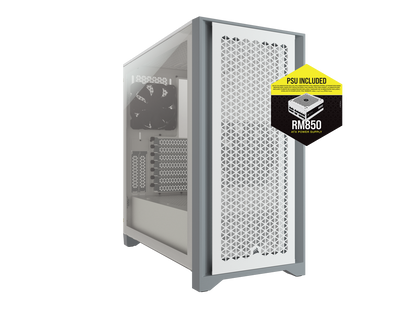 CORSAIR 4000D AIRFLOW Tempered Glass Mid-Tower Case with ATX - RM850 Power Supply installed, White