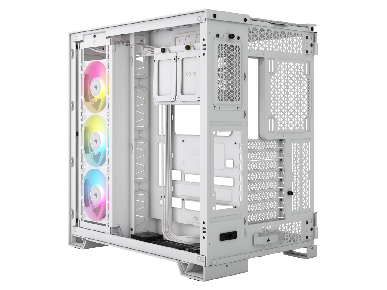 CORSAIR iCUE LINK 6500X RGB Mid-Tower Dual Chamber PC Case – White – Two Tempered Glass Panels – 3x RX120 RGB Fans Included