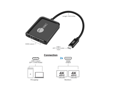 SIIG 1x2 USB-C to HDMI 4K60 MST Hub Splitter CE-DP0T11-S1