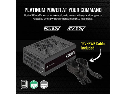 CORSAIR HX1500i Fully Modular Ultra-Low Noise ATX Power Supply - ATX 3.0 & PCIe 5.0 Compliant - Fluid Dynamic Bearing Fan - CORSAIR iCUE Software Compatible - 80 PLUS Platinum Efficiency