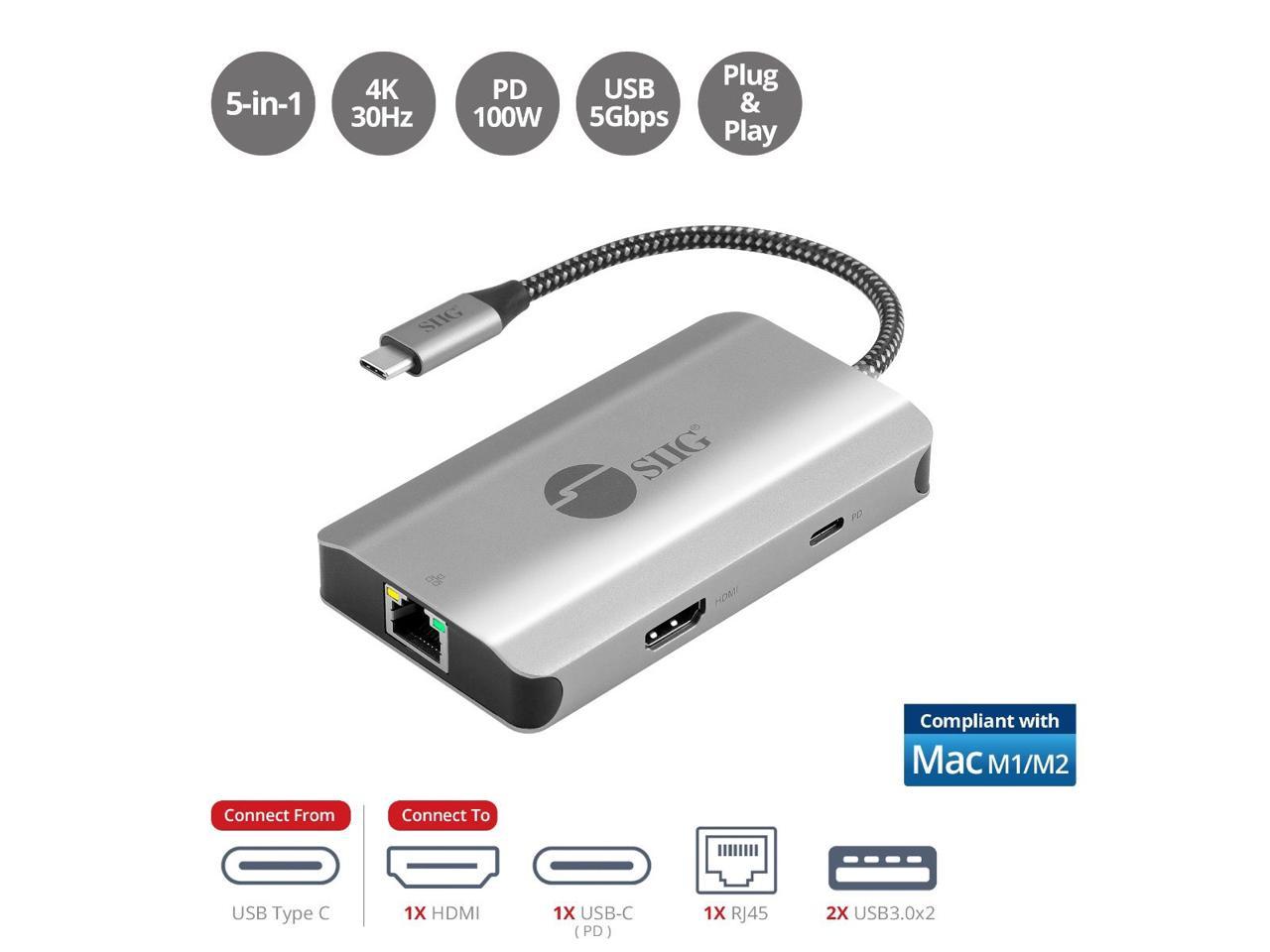 SIIG USB-C to HDMI with LAN Hub & PD Charging Adapter - HDMI 4K@30Hz, two USB-A 5Gbps, GbE, PD100W - Space Gray JU-H30L11-S1