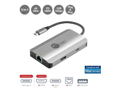 SIIG USB-C to HDMI with LAN Hub & PD Charging Adapter - HDMI 4K@30Hz, two USB-A 5Gbps, GbE, PD100W - Space Gray JU-H30L11-S1