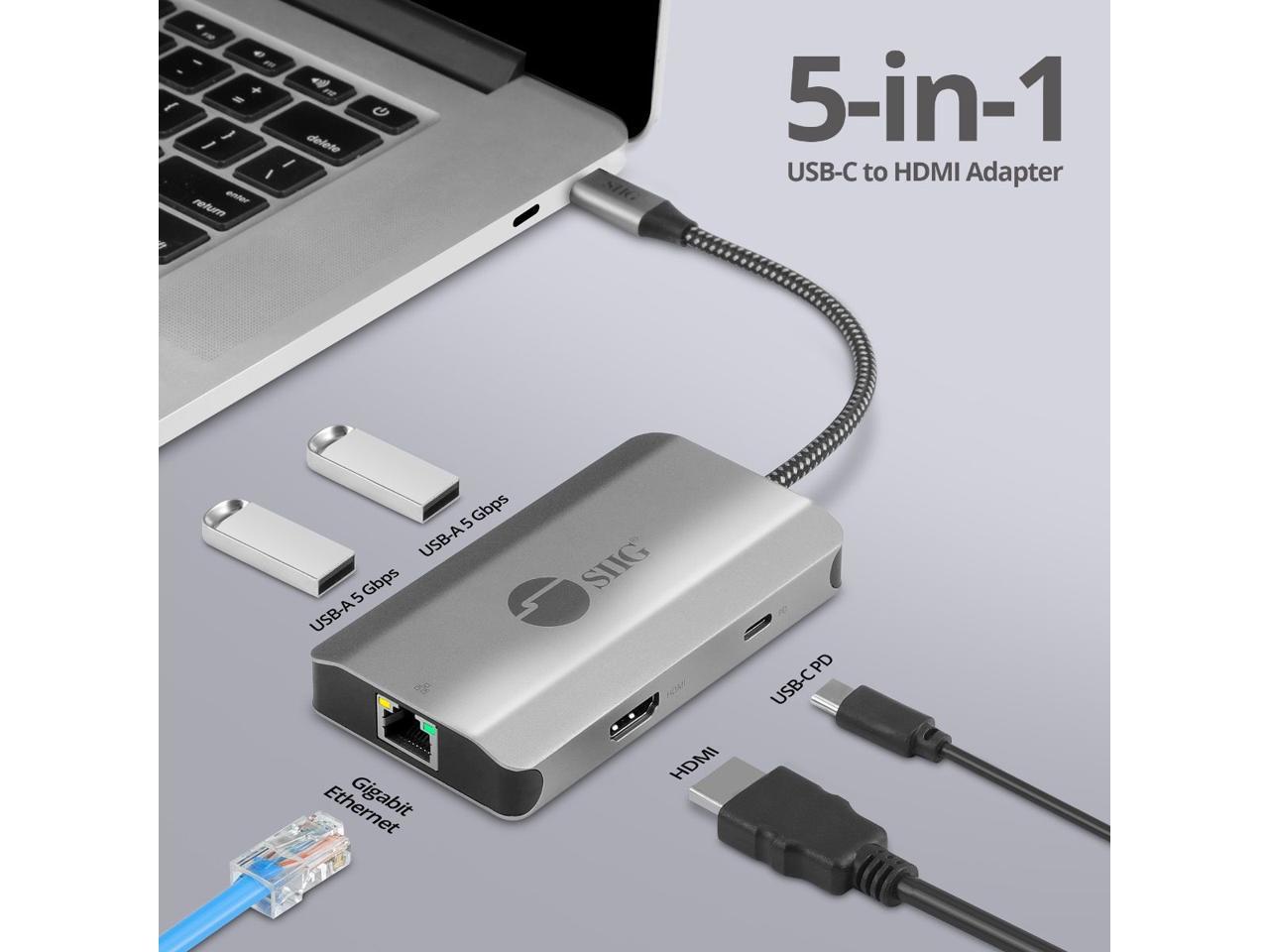 SIIG USB-C to HDMI with LAN Hub & PD Charging Adapter - HDMI 4K@30Hz, two USB-A 5Gbps, GbE, PD100W - Space Gray JU-H30L11-S1