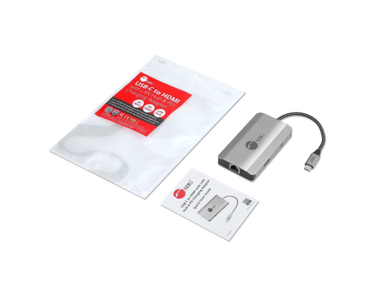 SIIG USB-C to HDMI with LAN Hub & PD Charging Adapter - HDMI 4K@30Hz, two USB-A 5Gbps, GbE, PD100W - Space Gray JU-H30L11-S1