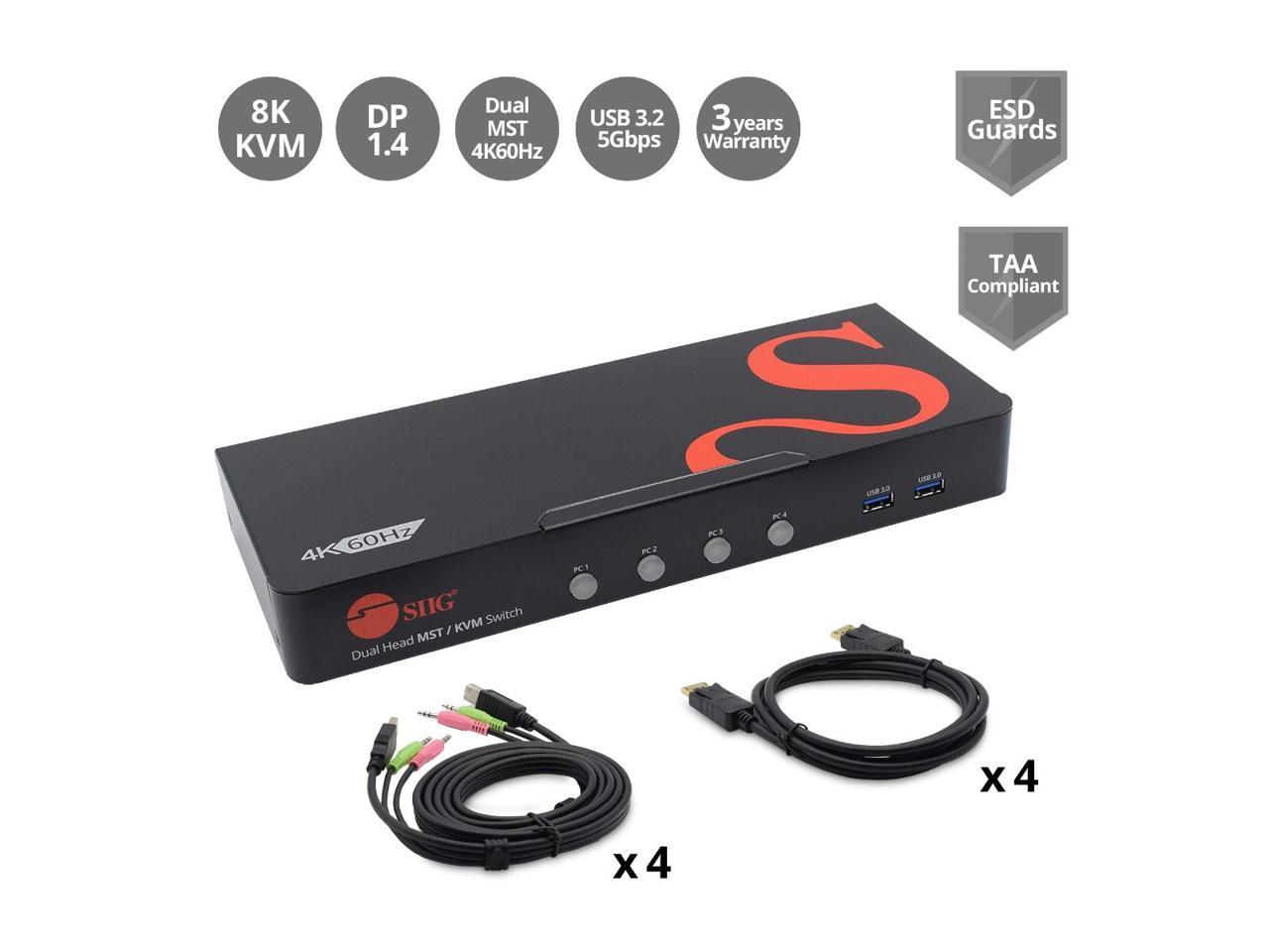 SIIG 4-Port DisplayPort 1.4 8K MST Dual Head KVM Console Switch CE-KV0H11-S1