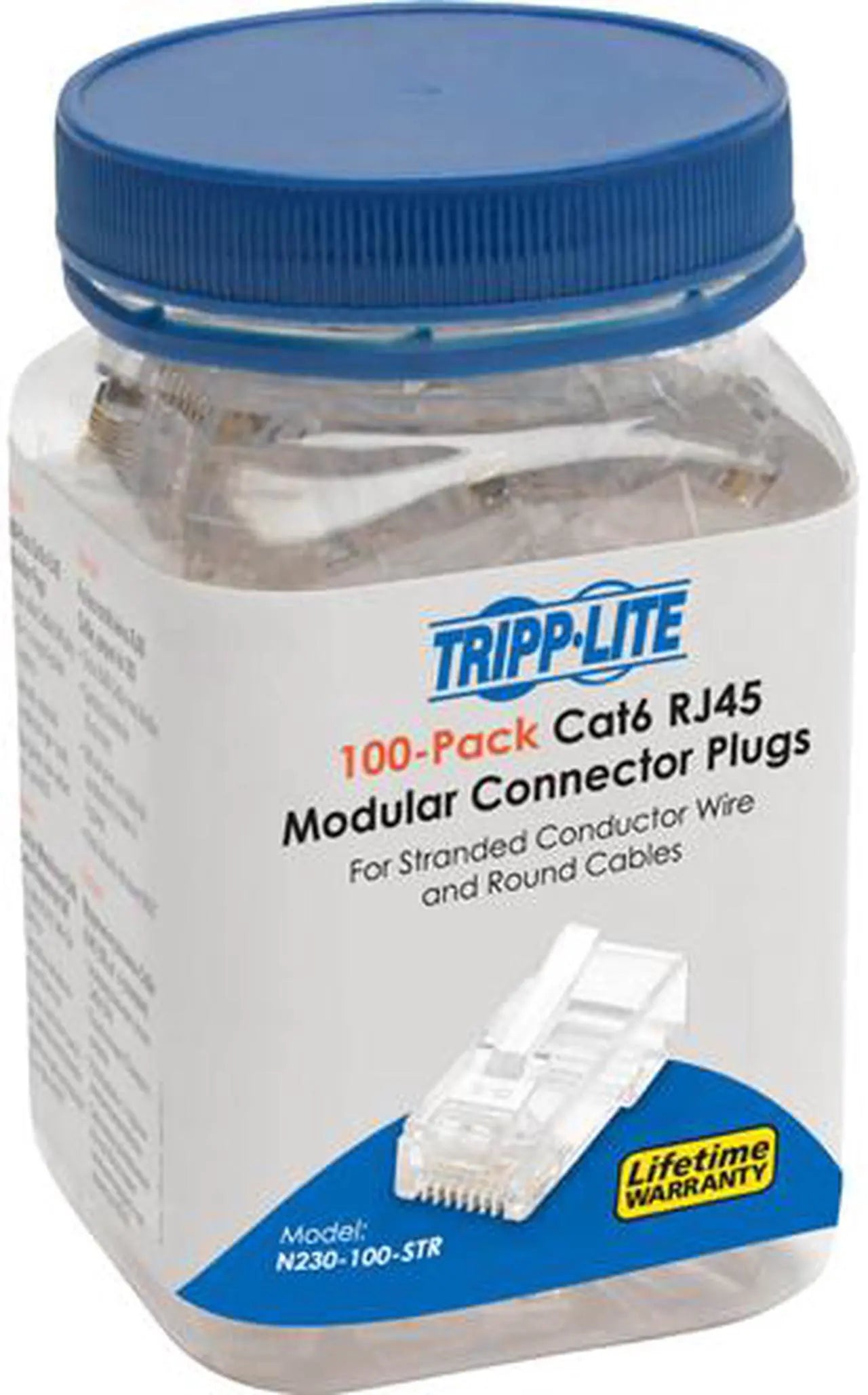Tripp Lite Cat6 RJ45 Modular Plug for Round Stranded UTP Conductor 4-Pair, 100 Pack - Model N230-100-STR