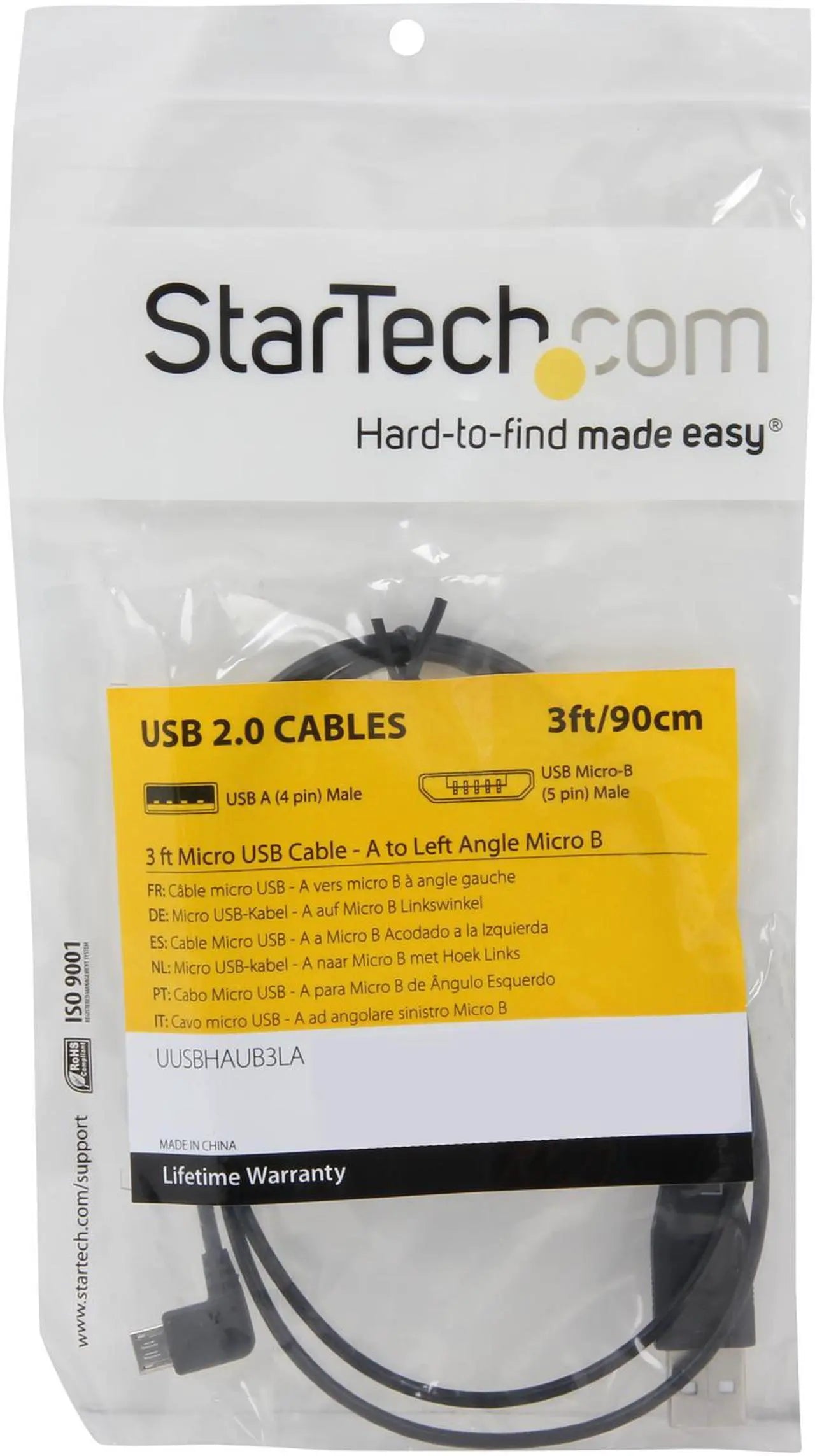 StarTech.com UUSBHAUB3LA 3 ft / 91cm Micro USB Cable - A to Left Angle Micro B - USB Type A - 90 Degree Micro-USB Type B (M) - Black