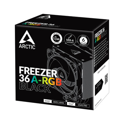 ARCTIC Freezer 36 A-RGB Single-Tower CPU Cooler with Push-Pull Two Pressure-optimised 120 mm P Fans and ARGB Lighting Fluid Dynamic Bearing 200–2000 RPM 4 Heatpipes incl. MX-6 Thermal Compound Model ACFRE00124A