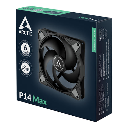 ARCTIC 140mm P14 Max SpecificationsPC Fan High-Performance Case Fan PWM Controlled 400–2800 RPM Optimised for Static Pressure 0dB Mode - Black Model ACFAN00287A