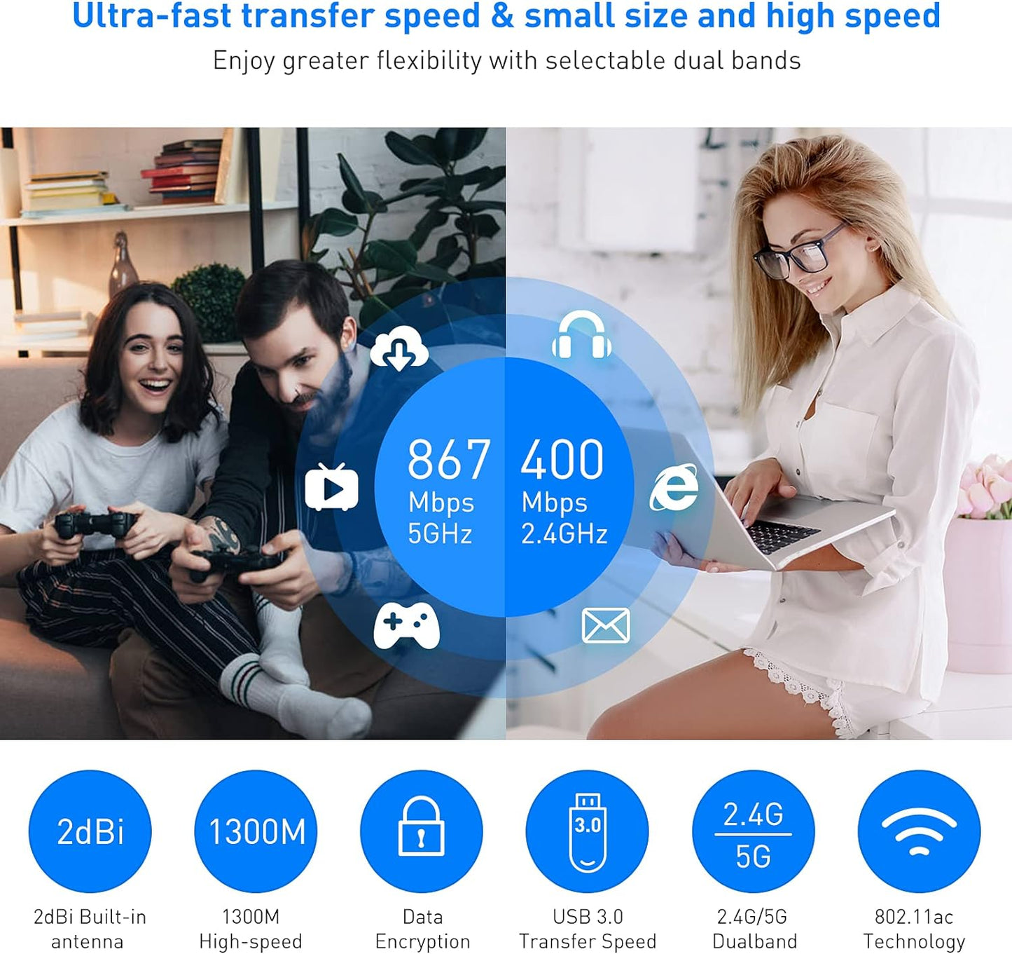 EDUP AC 1300Mbps USB WiFi Adapter for PC USB 3.0 Wireless Dongle, 5Ghz /2.4Ghz Dual Band 802.11ac Network Adapter for Desktop Laptop,Built-in Antenna Supports Windows 10/8/7/XP/Vista/Mac10.6~10.15 -